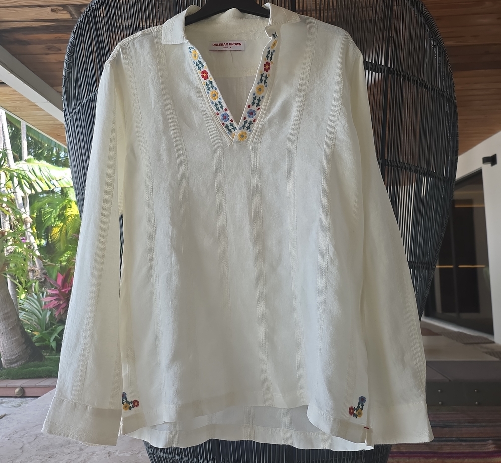 Orlebar Brown White Linen V-Neck Top with Multicolor Embroidery Like New NW
